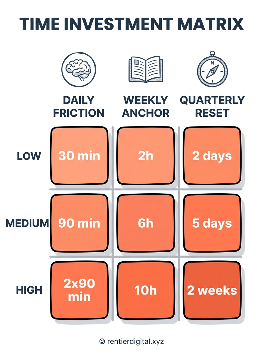 3x3 matrix. Columns: Daily Friction / Weekly Anchor / Quarterly Reset. Rows: Low / Medium / High. Each cell shows the time commitment (30 min, 90 min, 2x90 min for Daily; 2h, 6h, 10h for Weekly; 2 days, 5 days, 2 weeks for Quarterly). Color gradient progressive from light green (Low) to dark green (High). Pictograms per column: brain icon for Daily, open book for Weekly, compass or plane for Quarterly. Style: rentier digital flat geometric + drop shadows, 9-color palette.