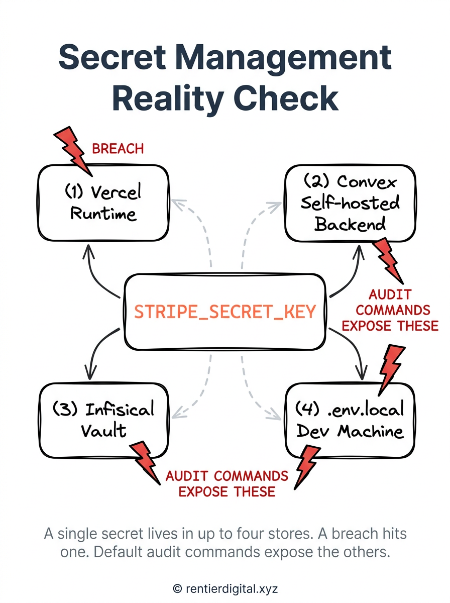 A diagram showing a single secret (e.g., STRIPE_SECRET_KEY) replicated across four stores labeled (1) Vercel runtime, (2) Convex self-hosted backend, (3) Infisical vault, (4) .env.local on dev machine. Arrows between them showing drift. One red lightning bolt on the Vercel store labeled "breach". Three red lightning bolts on the other three stores labeled "audit commands expose these". Alt text: "A single secret lives in up to four stores. A breach hits one. Default audit commands expose the others."