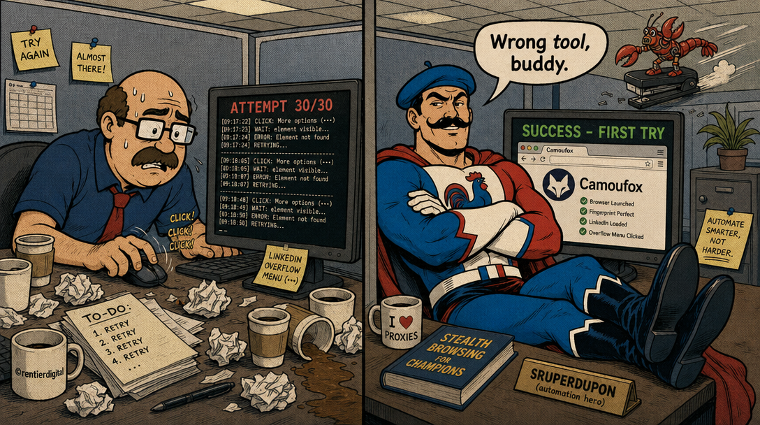 Split-screen office cubicle illustration comparing frustrated developer with failed automation attempts versus confident developer with successful browser automation result