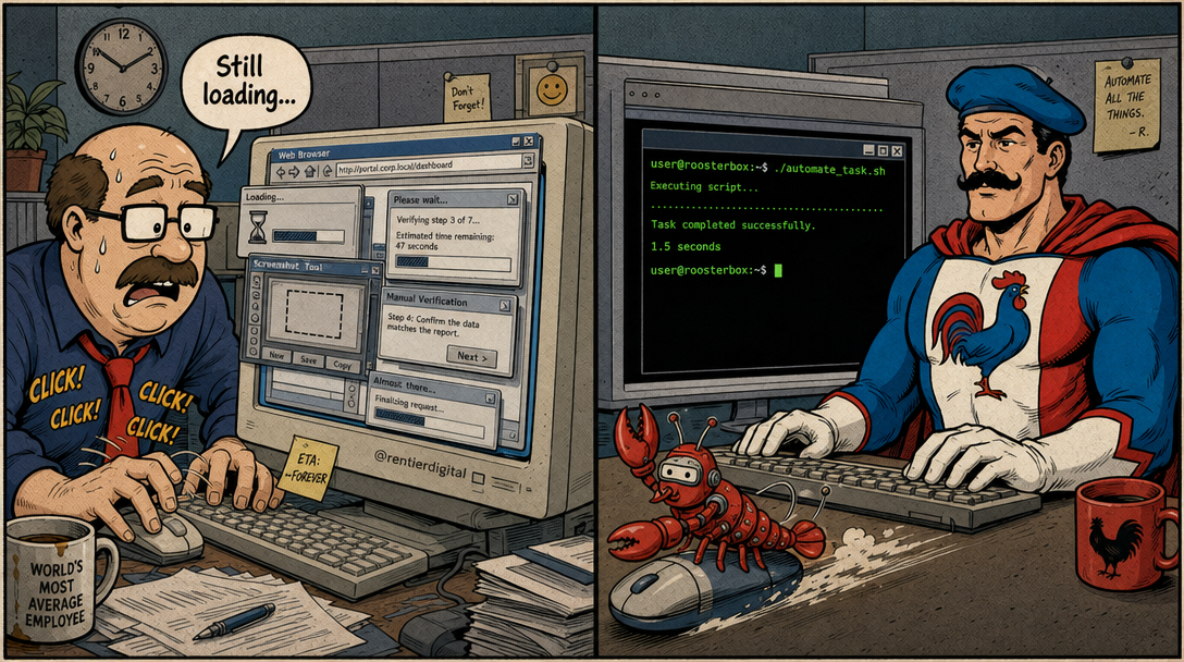 Office worker frantically clicking through browser windows vs. caped hero typing one line of code, split-screen comparison