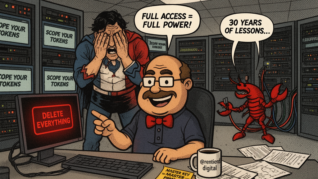 Développeur à son bureau avec un bouton de suppression lumineux à l'écran tandis qu'un collègue se couvre le visage d'horreur, entouré d'écrans d'alerte et d'un homard de dessin animé débranchant des serveurs