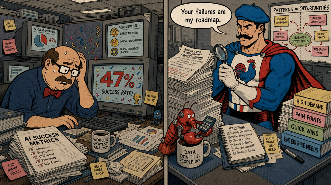 Split-screen office illustration: left shows anxious office worker celebrating AI metrics on dashboards; right shows confident professional analyzing error logs and business patterns with magnifying glass