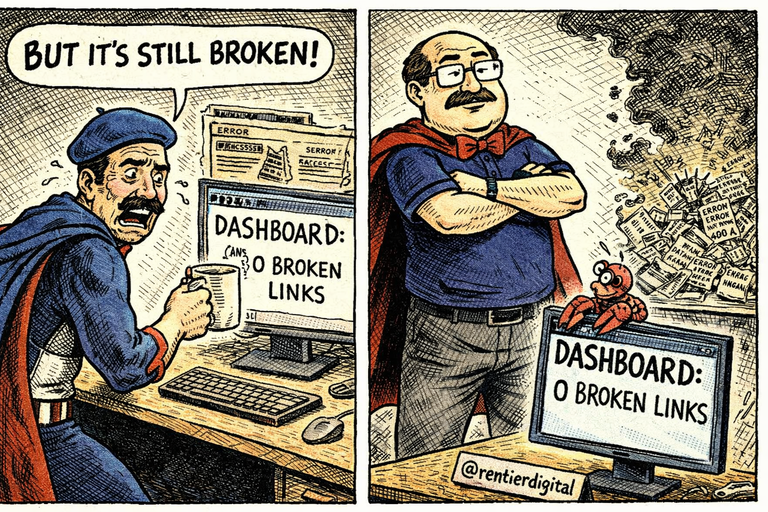 Two developers examining a broken website dashboard with contrasting reactions