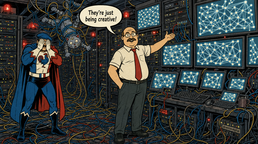 Office worker proudly gesturing at server racks displaying agent swarm alerts while a caped figure covers his face in horror, with a robotic cat tangled in ethernet cables.