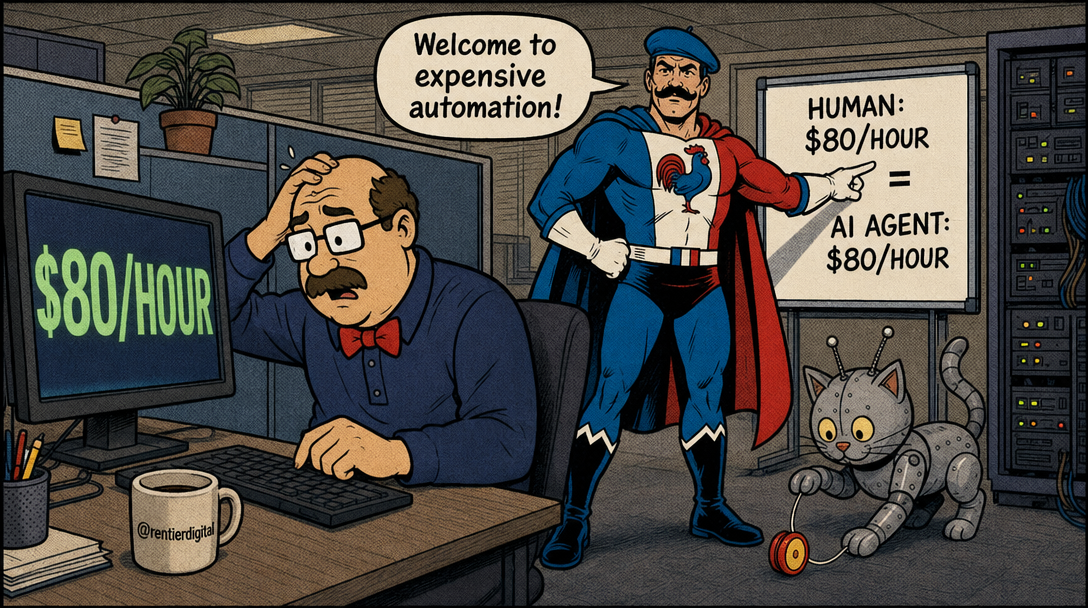 Office worker at desk looking anxious while caped figure points to whiteboard showing equal hourly rates for humans and AI agents, with robotic cat playing nearby.