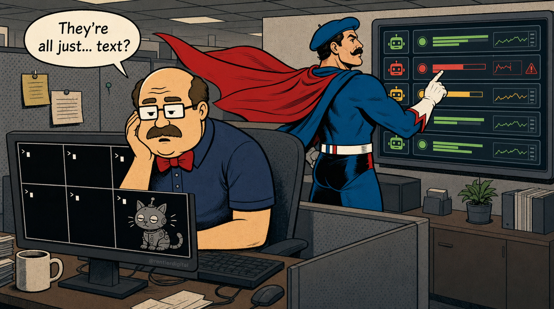 Office worker confused by six identical terminal panes versus caped hero with organized agent dashboard showing status indicators and health metrics