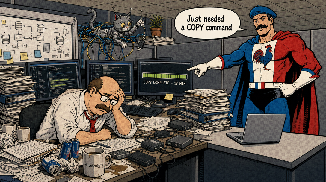 Exhausted office worker surrounded by chaos at cluttered desk with multiple monitors and coffee cups, while confident superhero figure points to completed task, with robotic cat tangled in cables nearby