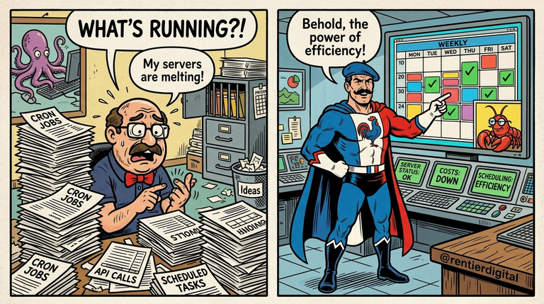 Illustration comique d'un employé de bureau débordé enseveli sous des factures de serveurs face à un super-héros confiant devant un tableau de bord organisé avec une mascotte homard