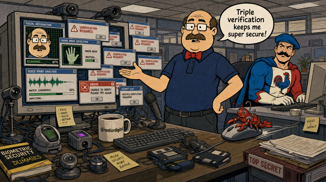 Office workers dealing with excessive biometric verification systems, 90s comic style illustration with one employee surrounded by webcams and error pop-ups.