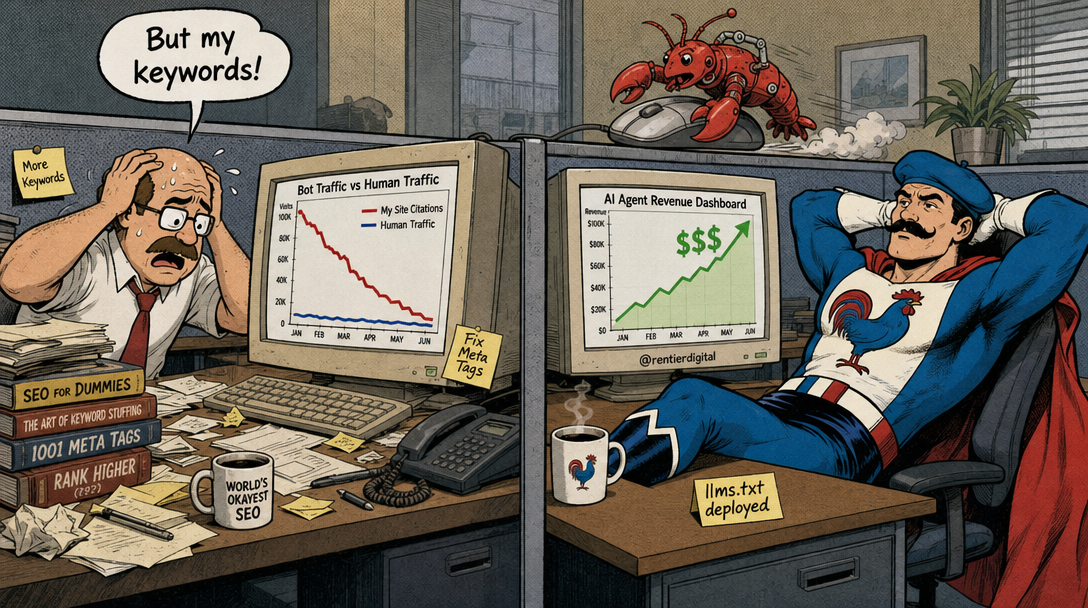Two office workers at desks comparing analytics: one panicking over declining human traffic, another relaxed watching AI agent revenue climb.