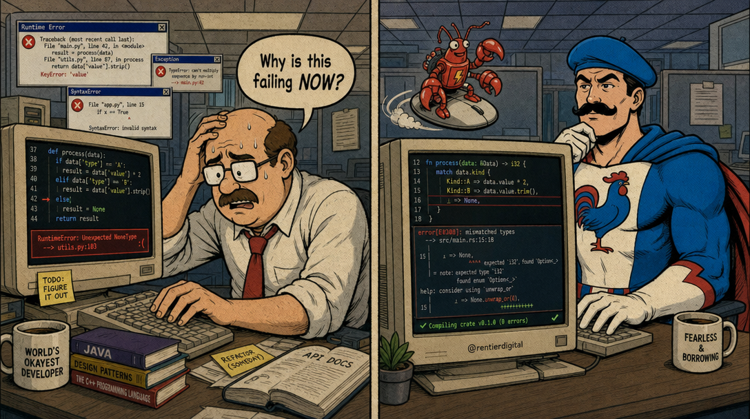 Split-panel illustration comparing frantic office worker surrounded by error messages versus calm developer with real-time compiler feedback