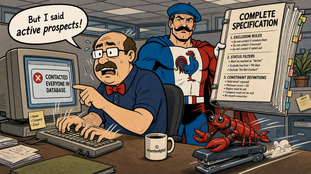 Office worker frantically typing at computer while superhero holds thick specification manual behind him; mechanical lobster rides stapler across desk