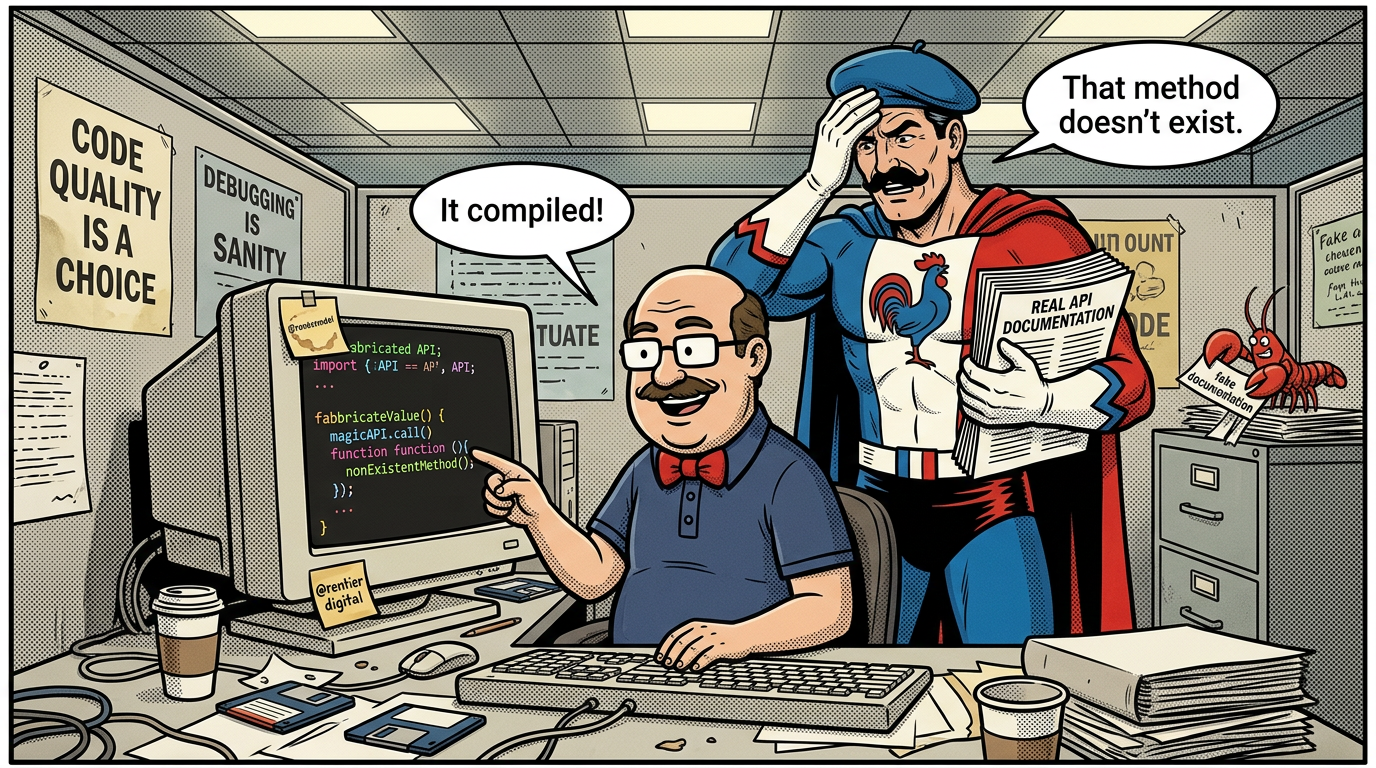 Desarrollador señalando con confianza código fabricado en el monitor mientras colega sostiene documentación real de API con frustración; ilustración estilo cómic de cubículos de los 90s.
