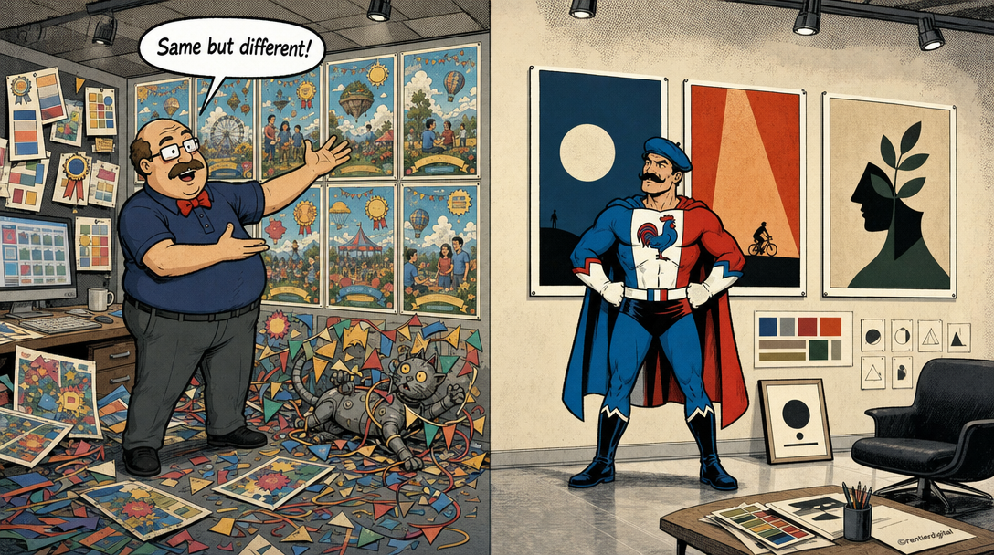 Office worker presenting identical generic posters versus caped designer with three distinct minimalist designs, with tangled robotic cat in cluttered section, 90s comic style
