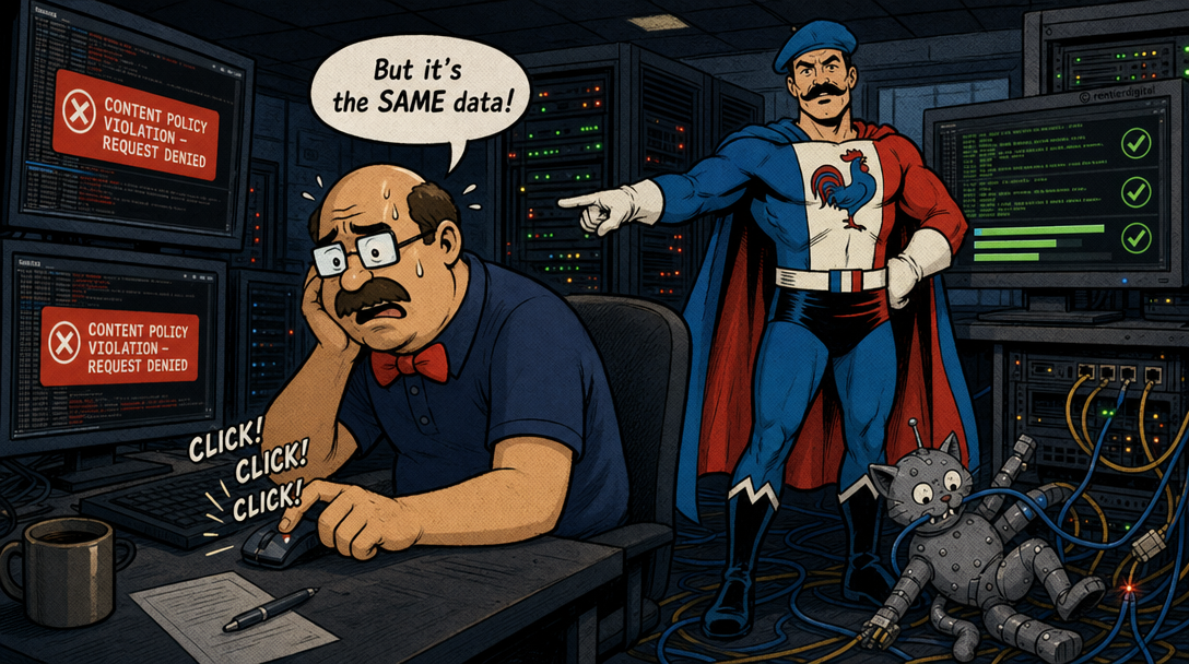 Office worker frustrated at desk with blocked AI analysis while caped figure and robot successfully parse exploit data in server room
