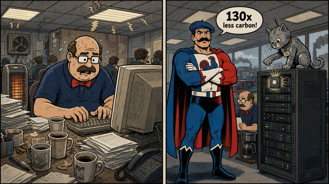 Two-panel comic: office worker moves from cluttered desk to AI server, showing automation doesn't eliminate human emissions.