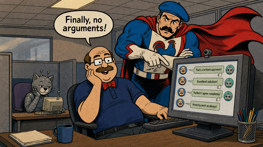 Office worker coding happily with AI approval on screen while concerned superhero watches over his shoulder; robotic cat mimics relaxed posture nearby