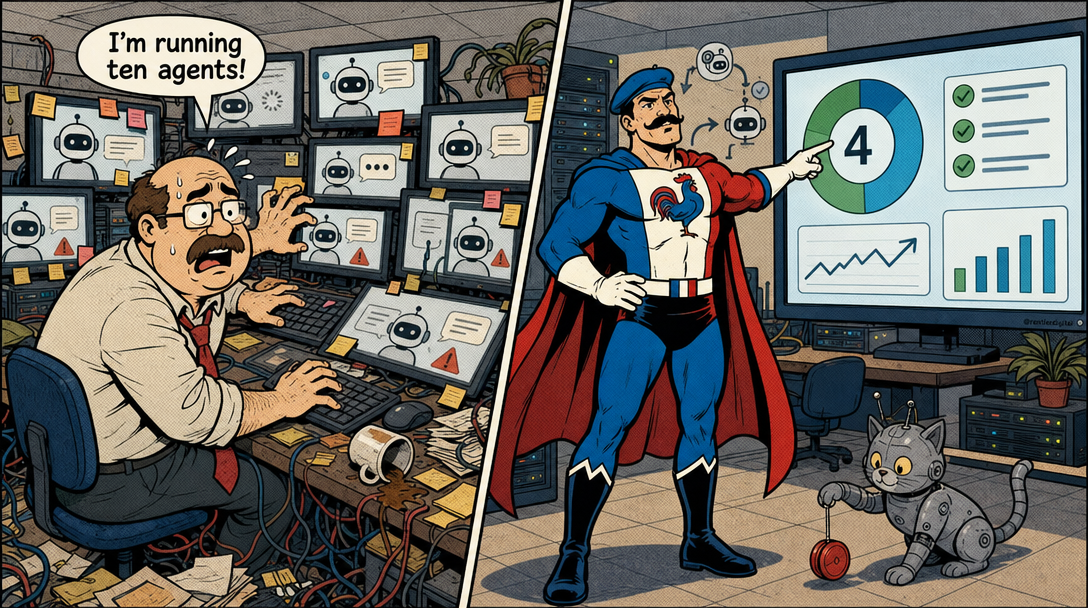 Split-screen illustration comparing chaotic multi-monitor AI management versus streamlined single-dashboard automation in office setting