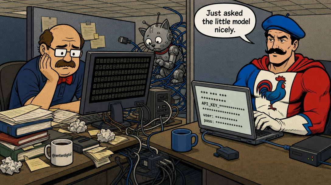 Office worker frustrated with encrypted data while confident developer easily decrypts it with basic tools, robotic cat tangled in cables.