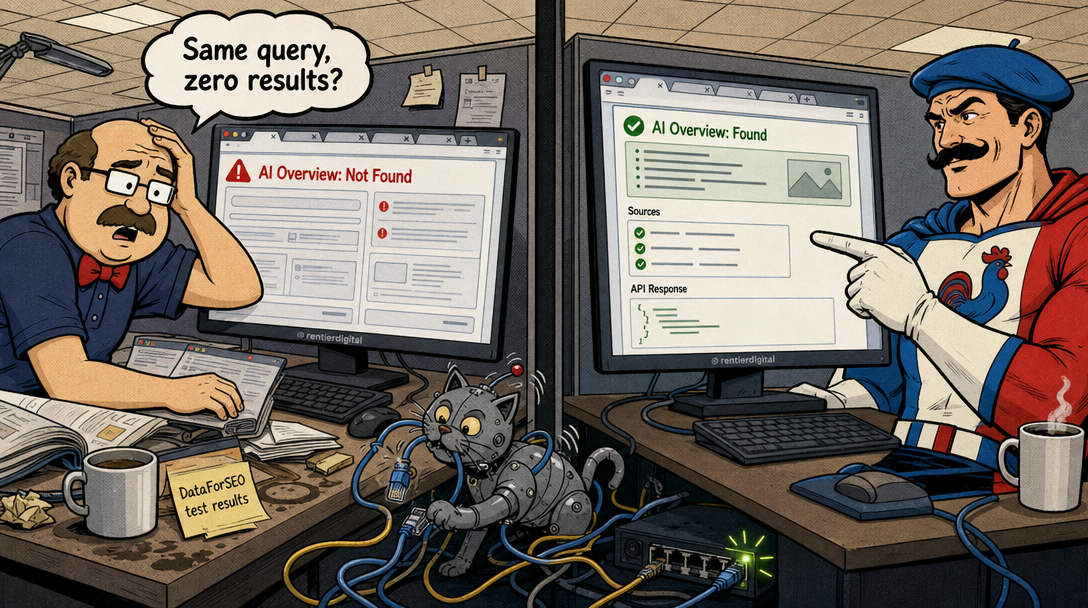 Office worker frustrated at computer showing missing AI Overview results, while confident developer points to successful AI Overview data on split-screen comparison with robotic cat tangled in cables.