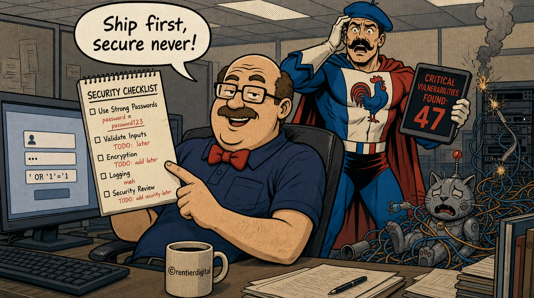 Office worker with security checklist showing 'password123' sits confidently while caped superhero behind him holds tablet displaying 47 critical vulnerabilities, with robot cat tangled in ethernet cables in background
