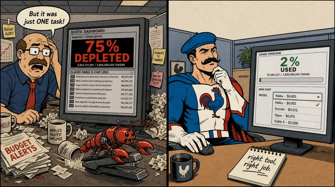 Office worker in shock at depleted quota dashboard versus confident hero using efficient basic model; split-screen comparison of wasteful vs. smart AI spending