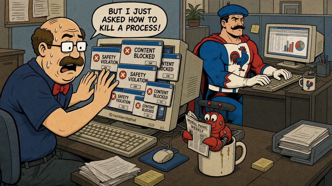 Office worker panicking over content-blocked popups while colleague calmly works normally at desk; cartoon lobster reads moral panic newsletter.