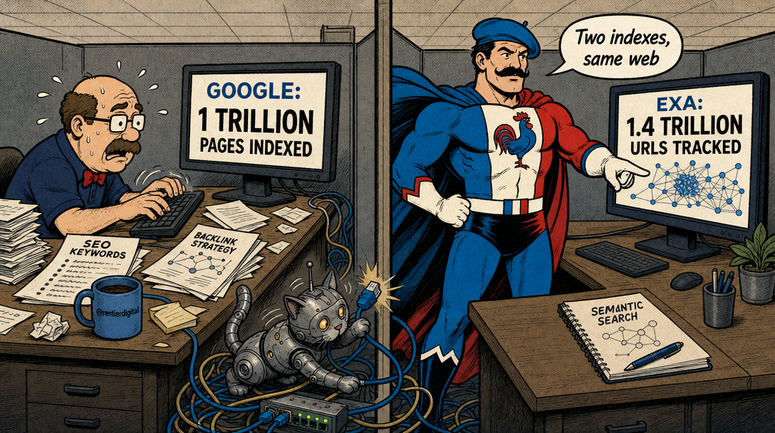 Office worker stressed at desk comparing Google's indexed pages to alternative search index, with robot tangled in cables between computers