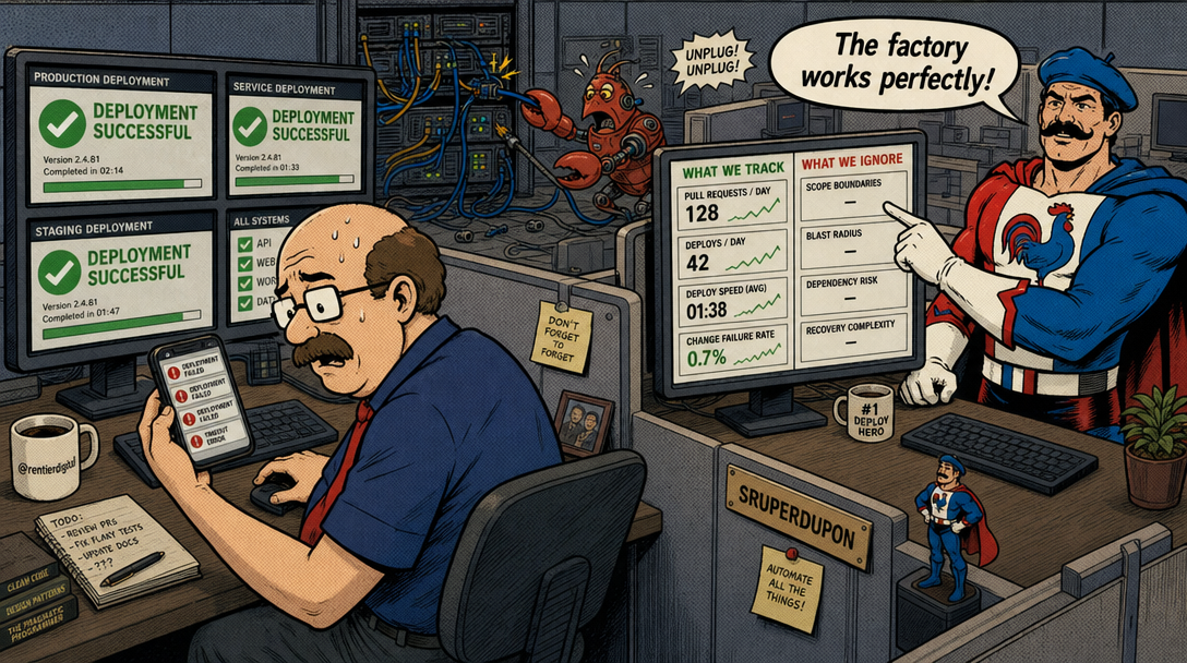 Two office workers at desks with deployment dashboards, ignoring warning signs while a robot struggles with tangled server cables in a retro comic style illustration