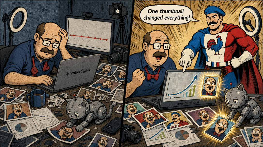 Creator slumped at desk with flatlined analytics graph, caped hero pointing at glowing thumbnail as growth arrows spike upward, robotic cat on desk, split-panel 90s comic style