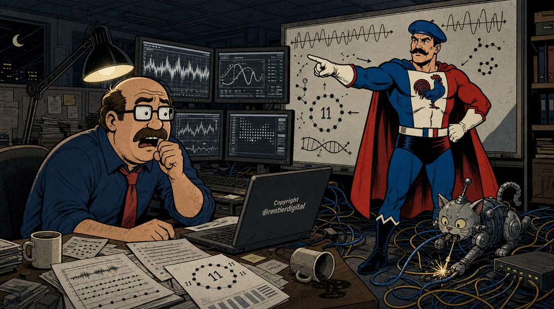 Office worker and caped figure discover hidden patterns in code on monitors, with mechanical cat tangled in cables amid coffee cups and watermark diagrams.