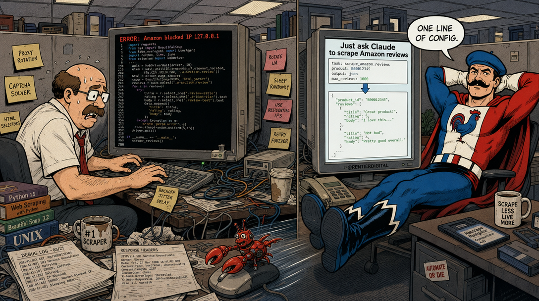 Office worker surrounded by Python code and error messages versus confident developer with clean interface showing structured data extraction