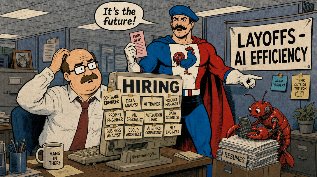 Office worker at desk surrounded by hiring signs while superhero figure holds pink slip next to layoffs banner, with robotic lobster calculating in background