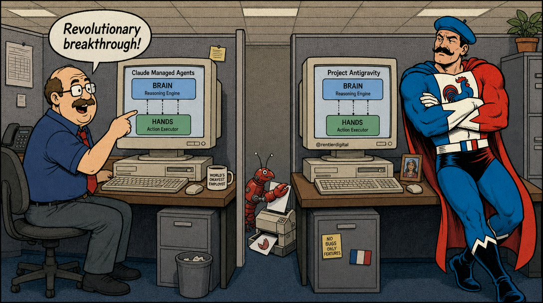Scène de bureau en écran divisé avec deux employés à des bureaux identiques affichant la même interface logicielle avec des logos d'entreprises différents