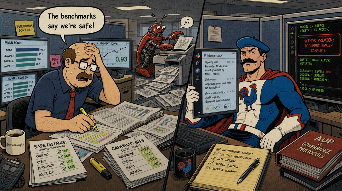 Split-screen office illustration: anxious worker surrounded by benchmark charts versus confident figure reviewing AI model access permissions, with mechanical lobster photocopying in background.