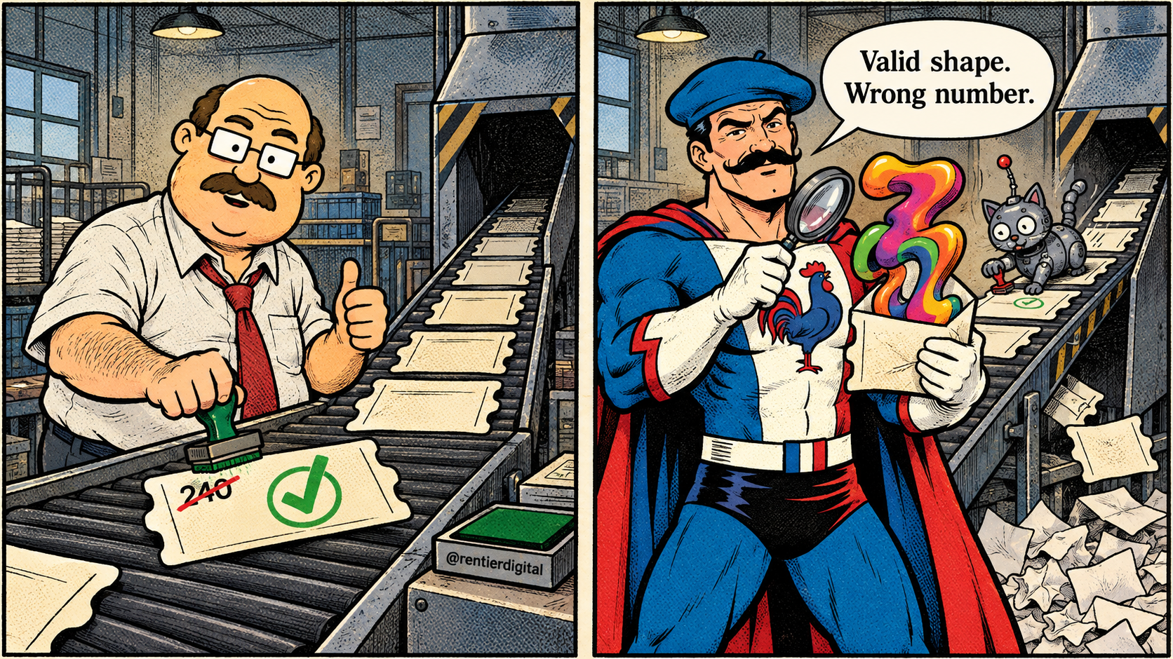 90s comic: office worker approves JSON envelope stamped 240; hero finds wrong number; mechanical cat stamps conveyor belt
