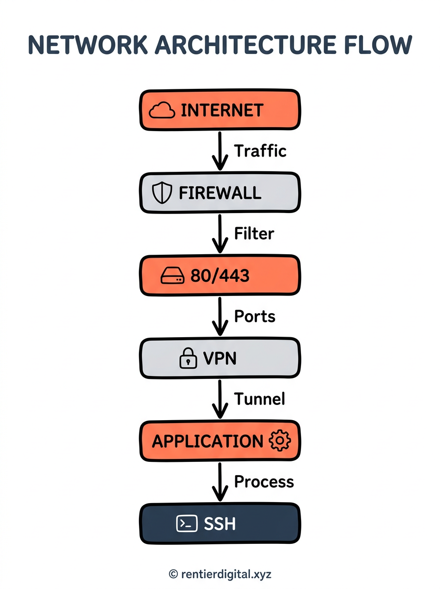 Architecture flow diagram: INTERNET → Firewall → 80/443 → VPN → Application → SSH