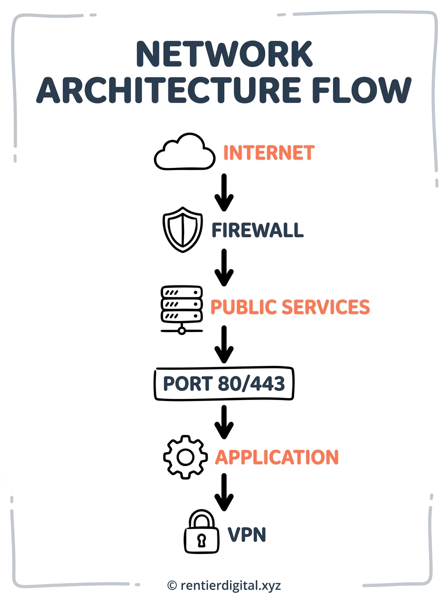 Architecture flow diagram: INTERNET → Firewall → Public services → 80 / 443 → Application → VPN