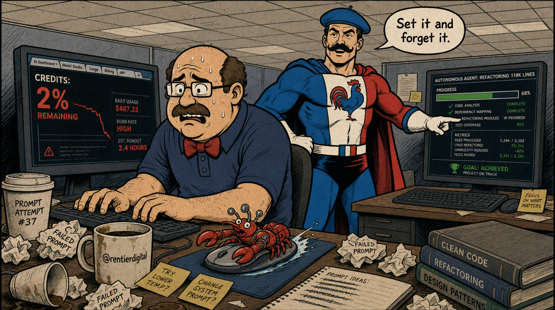 Office worker panicking at computer with nearly depleted AI credits while superhero figure stands confidently monitoring autonomous agent progress