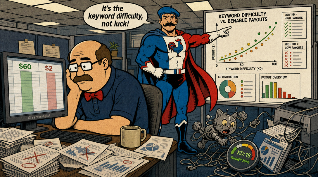 Office worker comparing low and high payouts on spreadsheet while caped figure points to keyword difficulty charts and SEO metrics on whiteboard