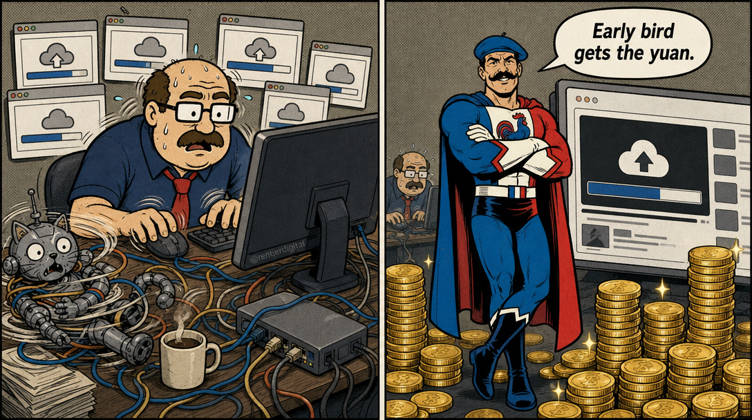 Two-panel comic: office worker frantically uploading content across platforms while tangled robot cat spins in cables; hero confidently stands by single Bilibili interface with gold coins materializing around him.