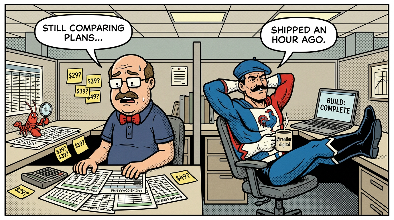 Desarrollador comparando frenéticamente planes de precios en su escritorio mientras su colega se relaja con una notificación de proyecto completado en su laptop