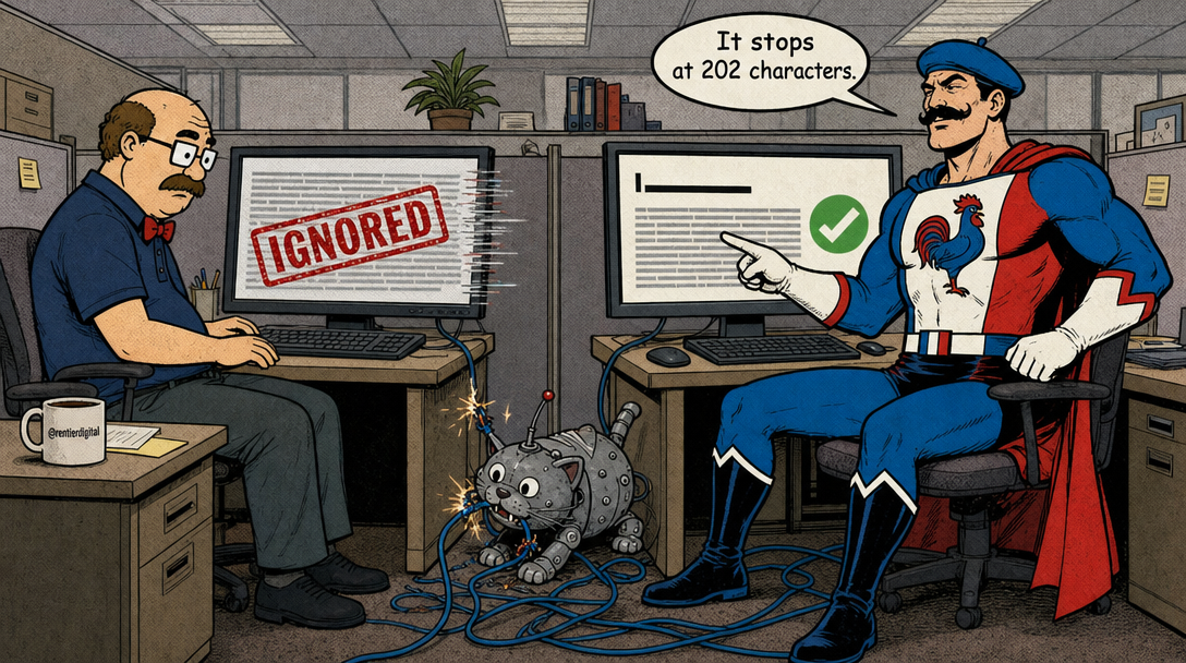 Office worker with elaborate meta description ignored while caped hero points to simple H1 tag, robotic cat tangled in cables