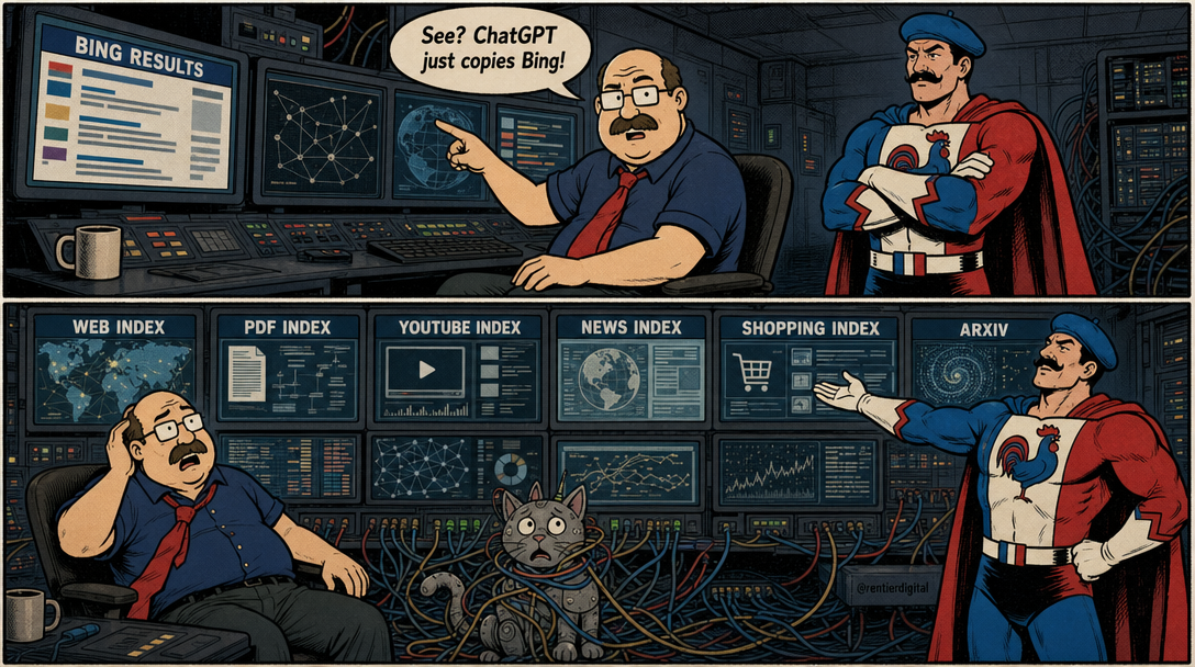 90s comic panel showing office worker and caped figure discovering dozens of data indexes on control room monitors, with robotic cat tangled in cables