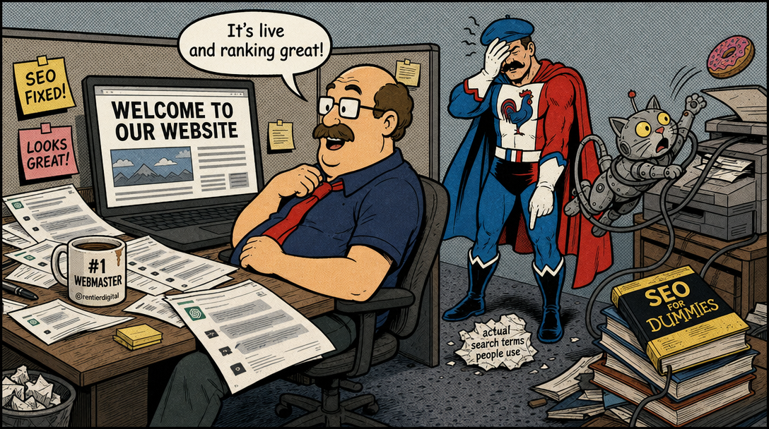 Office worker proudly showing ChatGPT SEO results on laptop while caped hero face-palms in cluttered cubicle workspace