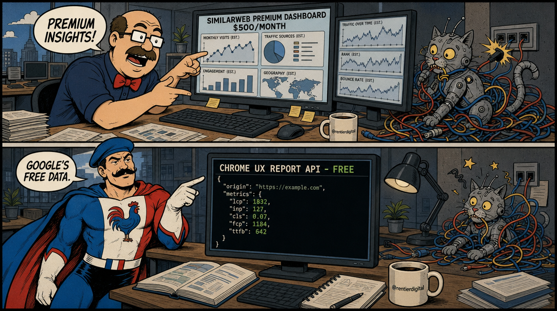 Two panels: worker, expensive analytics dashboard; pro, free Google Chrome UX Report API data; robotic cat tangled in cables.