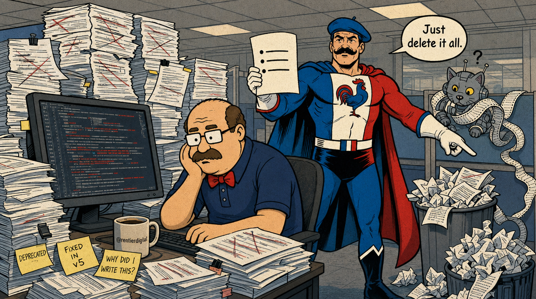 Office worker buried in stacks of crossed-out configuration files at desk while caped figure holds single clean sheet, with robot tangled in paper chain nearby.