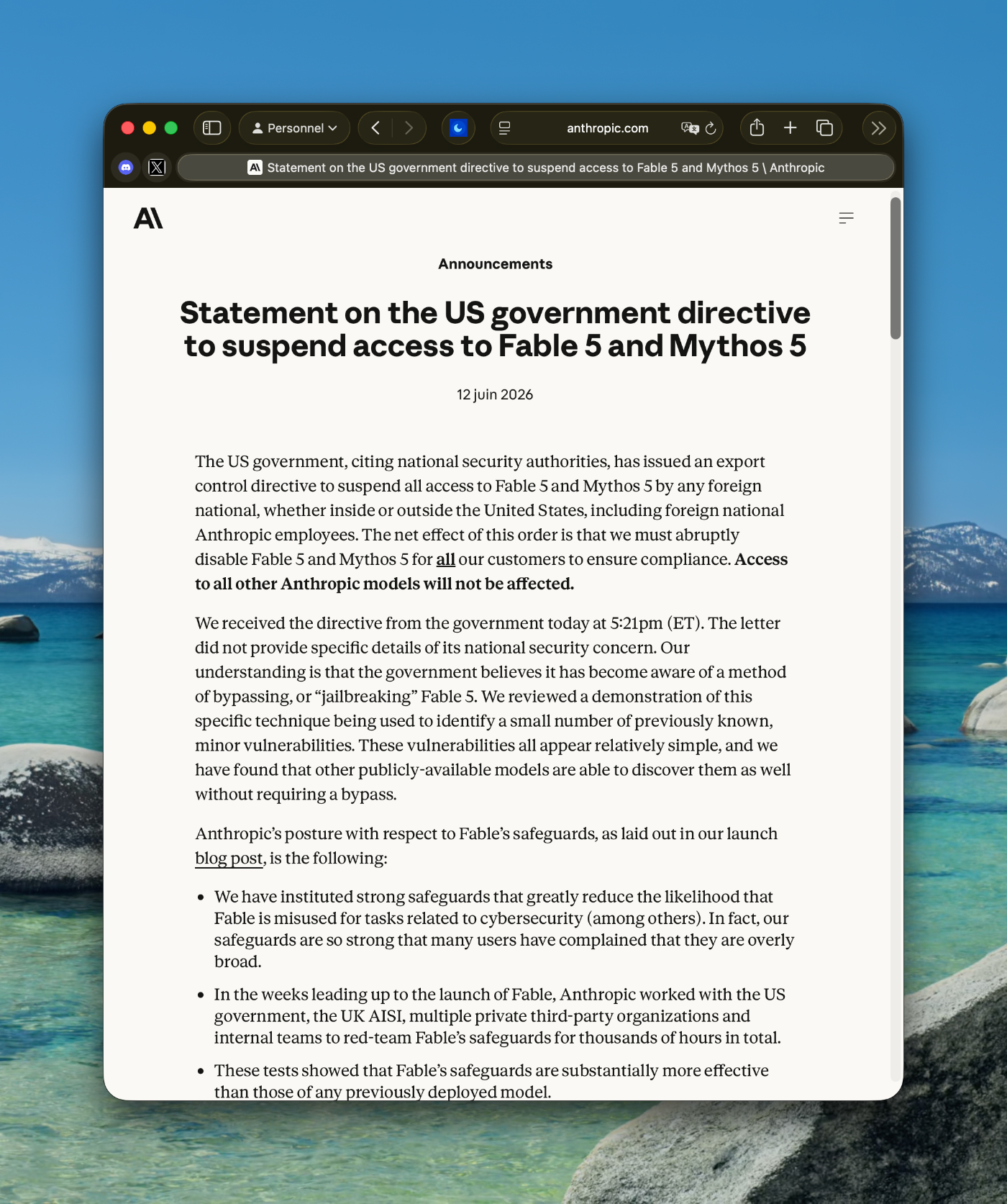 Claude.ai screenshot displaying Claude Fable 5 access suspended message after US government ban