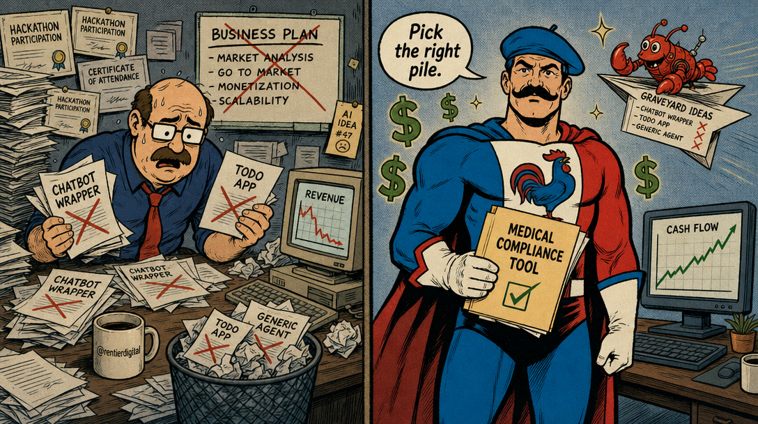 Ilustración de pantalla dividida de dos emprendedores: uno abrumado por ideas fallidas de startups de IA, el otro sosteniendo con confianza un negocio rentable, con una langosta robot de caricatura volando arriba