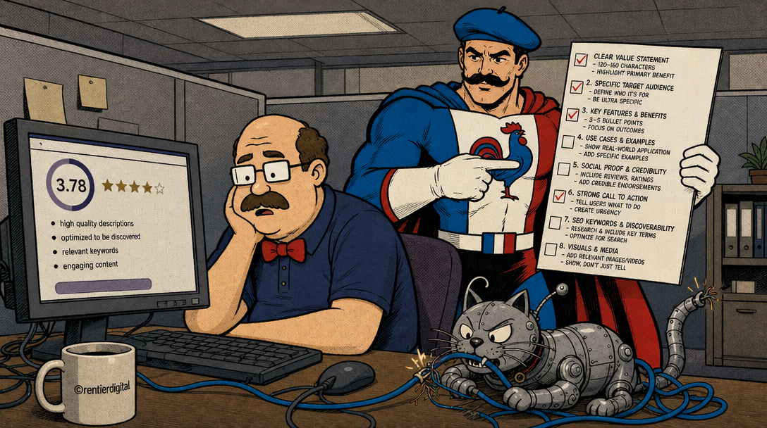 Office worker at desk with low dashboard score, caped figure behind holding 8-point checklist, mechanical cat tangled in cables.